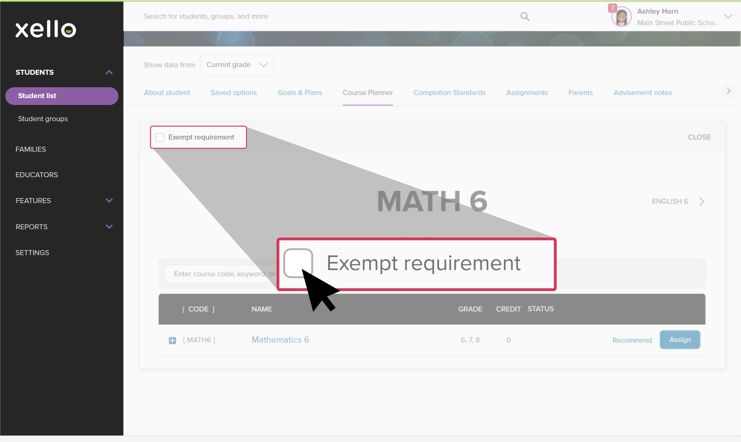 The Course Planner tab open on a student's profile in Xello. A math course is open and the cursor is clicking Exempt requirement so mark the course as exempt for the student.